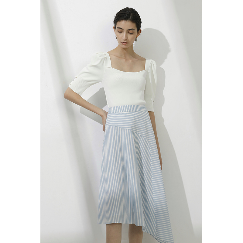HISOKEY summer cotton stripe stitching was thin French commuter temperament A-line asymmetrical skirt