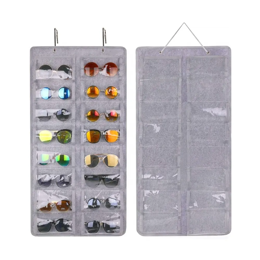 16 Slots Wall Hanging Dust Proof Felt Sunglasses Display Organizer with Metal Hook and Sturdy Rope