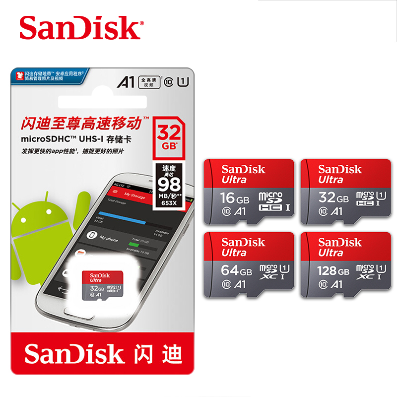 Оптовая продажа 100% Оригинальный двойной флеш-накопитель SanDisk флэш-памяти TF/ SD карта, 32 ГБ оперативной памяти, 16 Гб встроенной памяти Micro SD карты A1 ультра Class 10 microsd карты