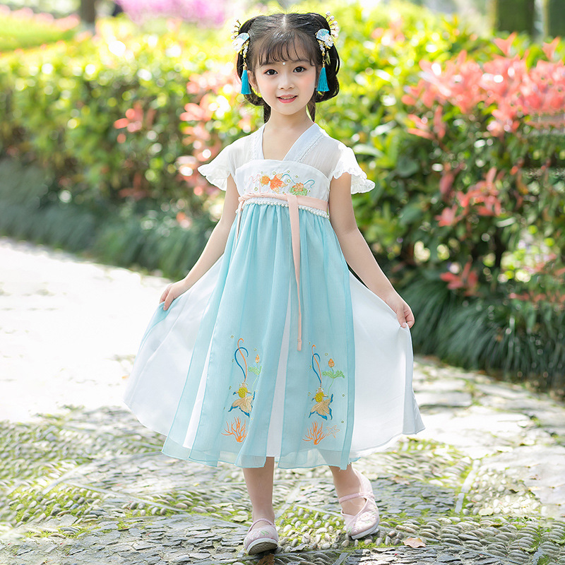 HANFU костюмы для девочек от Tang, летнее Новое Детское платье с вышивкой, детское газовое платье, детское шифоновое платье