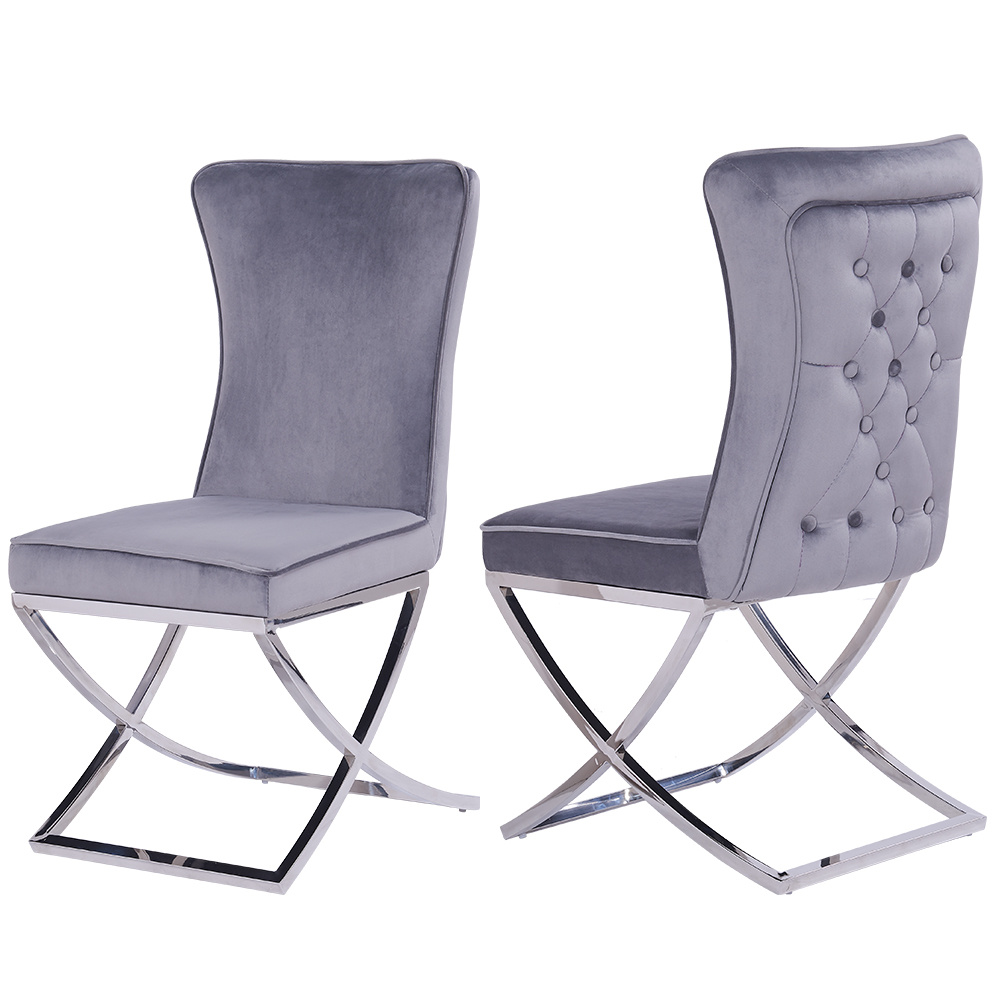 UK Style Button Decoration Velvet Dining Chair Stainless Steel Chrome Dining Room Chair