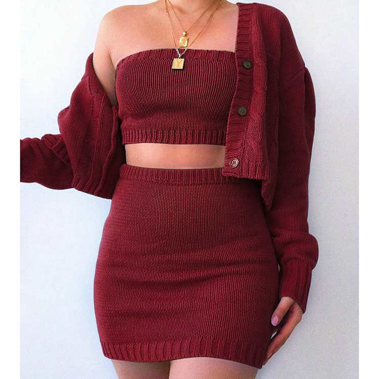 Casual Solid Color Ladies Sexy Womens Clothing Strapless Knitted Cropped Short Coat Crop Top And Skirt 3 Piece Set Women Outfits