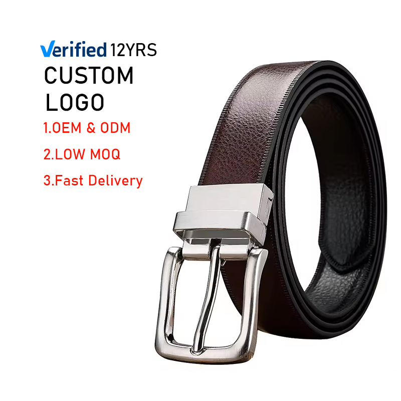 Custom Logo Double-sided Reversible Cowhide Men's Business Casual Genuine Leather Belt with Alloy Buckle