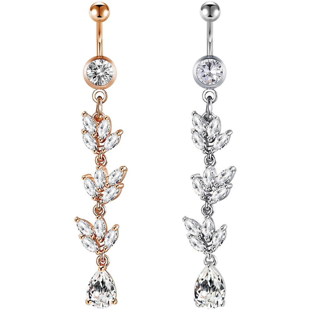 Fashion Gold Color Navel Piercing Zirconia Crystal Leaf petal Belly Button Rings Surgical Sexy Body Jewelry Stainless Steel