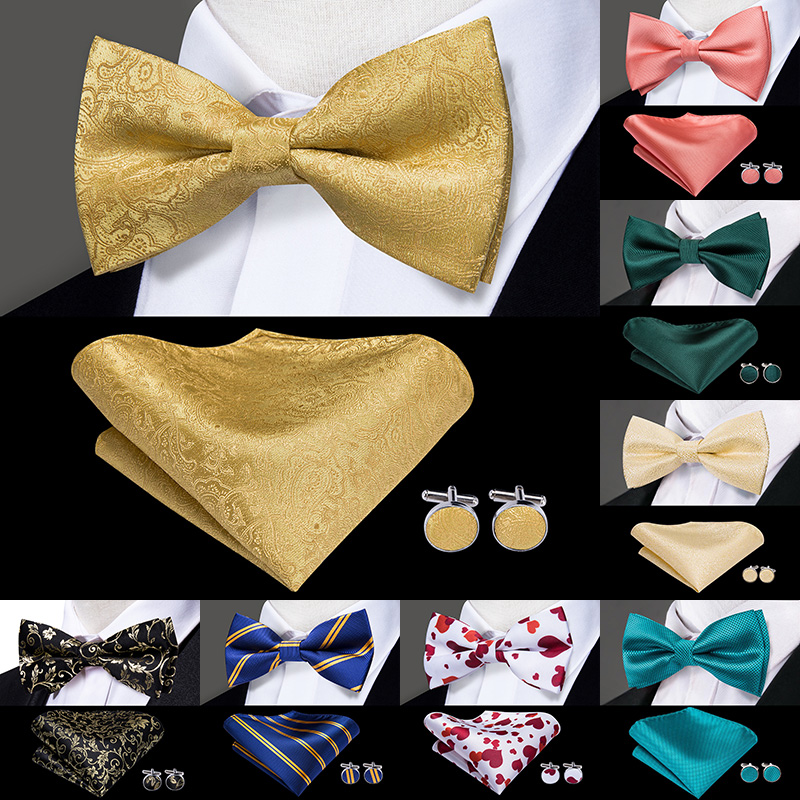 Hi-Tie классические черные галстуки для мужчин 100% шелк бабочка предварительно завязанный Галстук-бабочка карманные Квадратные запонки набор цветочных золотых галстуков-бабочек