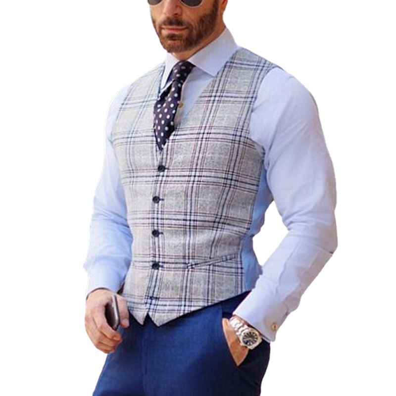 Wholesale Custom Slim Waistcoat Men Plaid Formal Suit Vest Casual Suit Single Breasted