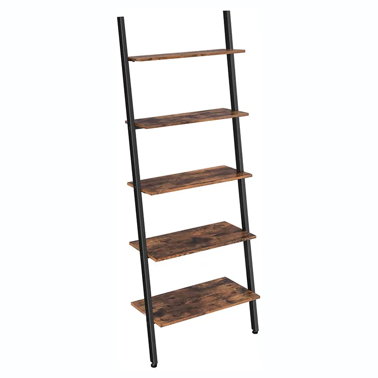 Living Room Black 5 Tiers Shelf Book Display Home Wooden Vintage Ladder Book Shelf Bookcase With Metal Frame