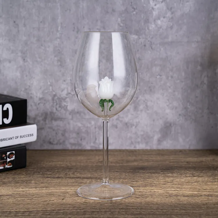 Wholesale 500ml Glass Red Wine Cup White Rose Flower Creative Glass Goblets