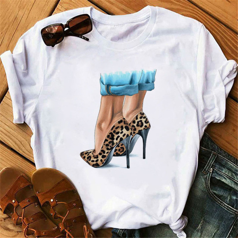 Fashion High Heels Printed Women T Shirt Tees Tops Clothing New Summer T-shirt Harajuku Personality Thin Section Tshirt Female