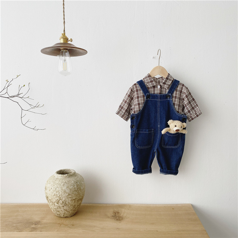 Q2-baby 5053 Fashion 2021 New Born Clothing Plaid Shirt Cotton Pants Baby Boy Clothes 2 Piece Sets
