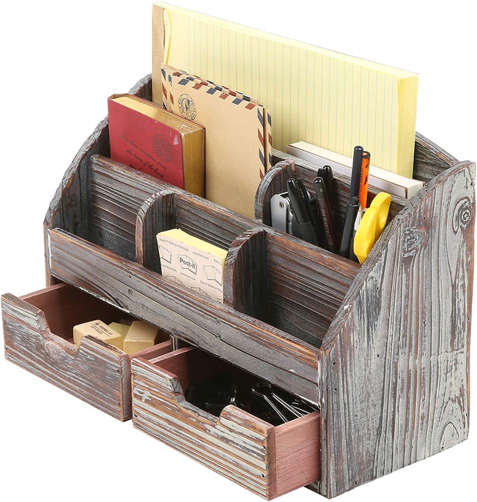 2020 Country Rustic Style Desktop Distressed 6 Compartment 2 Drawer wood desk organizer
