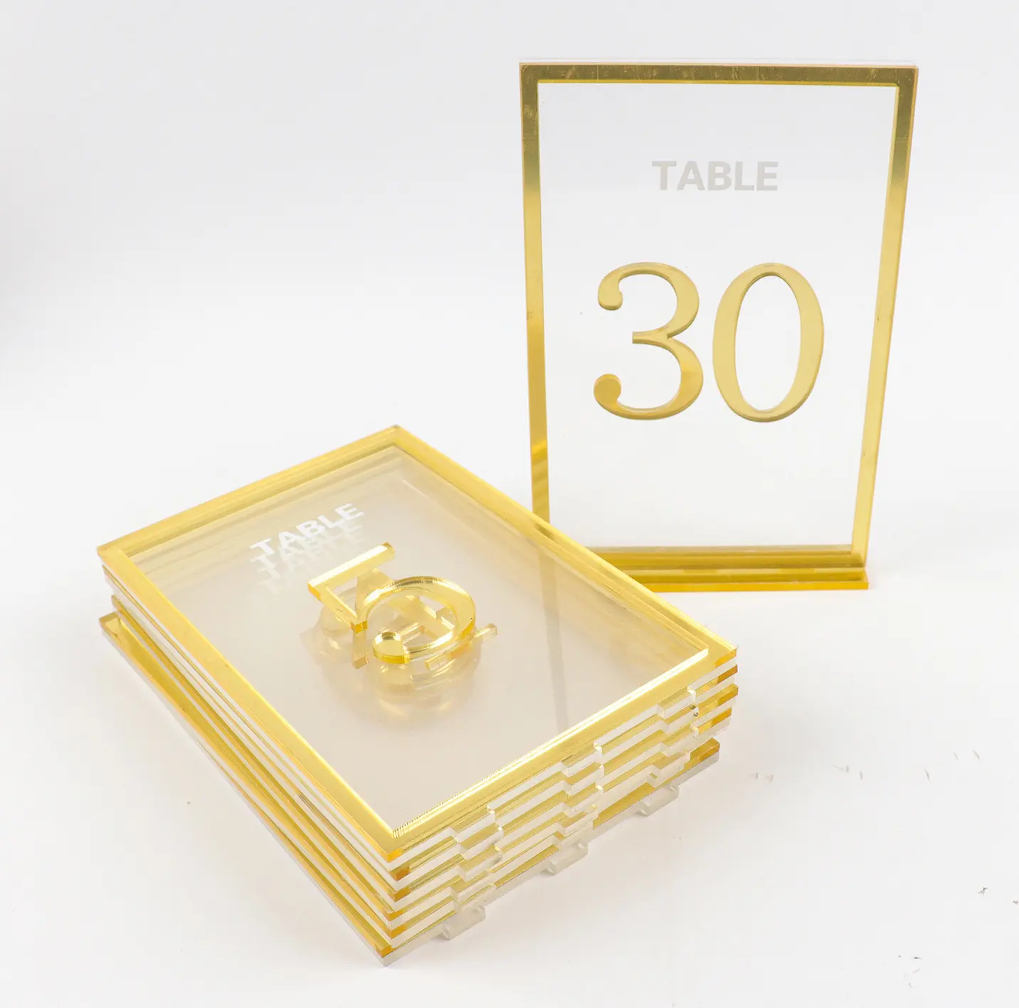 Available Stock Custom Number Laser Cut Gold Framed Stand Centerpieces Acrylic Table Numbers for Wedding Event Decoration
