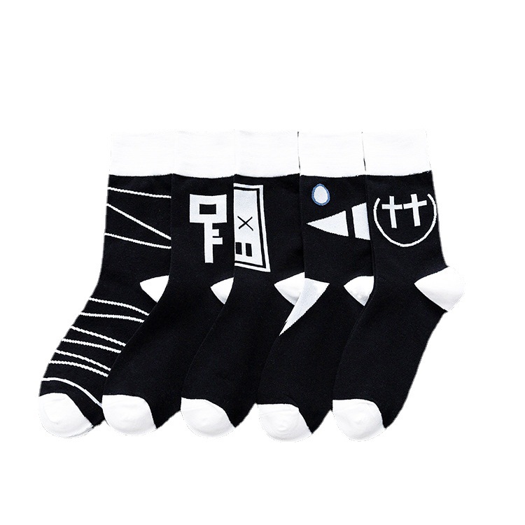 Black and white new arrival cartoon women man sock pattern solid color girl boy unisex sport cotton Socks