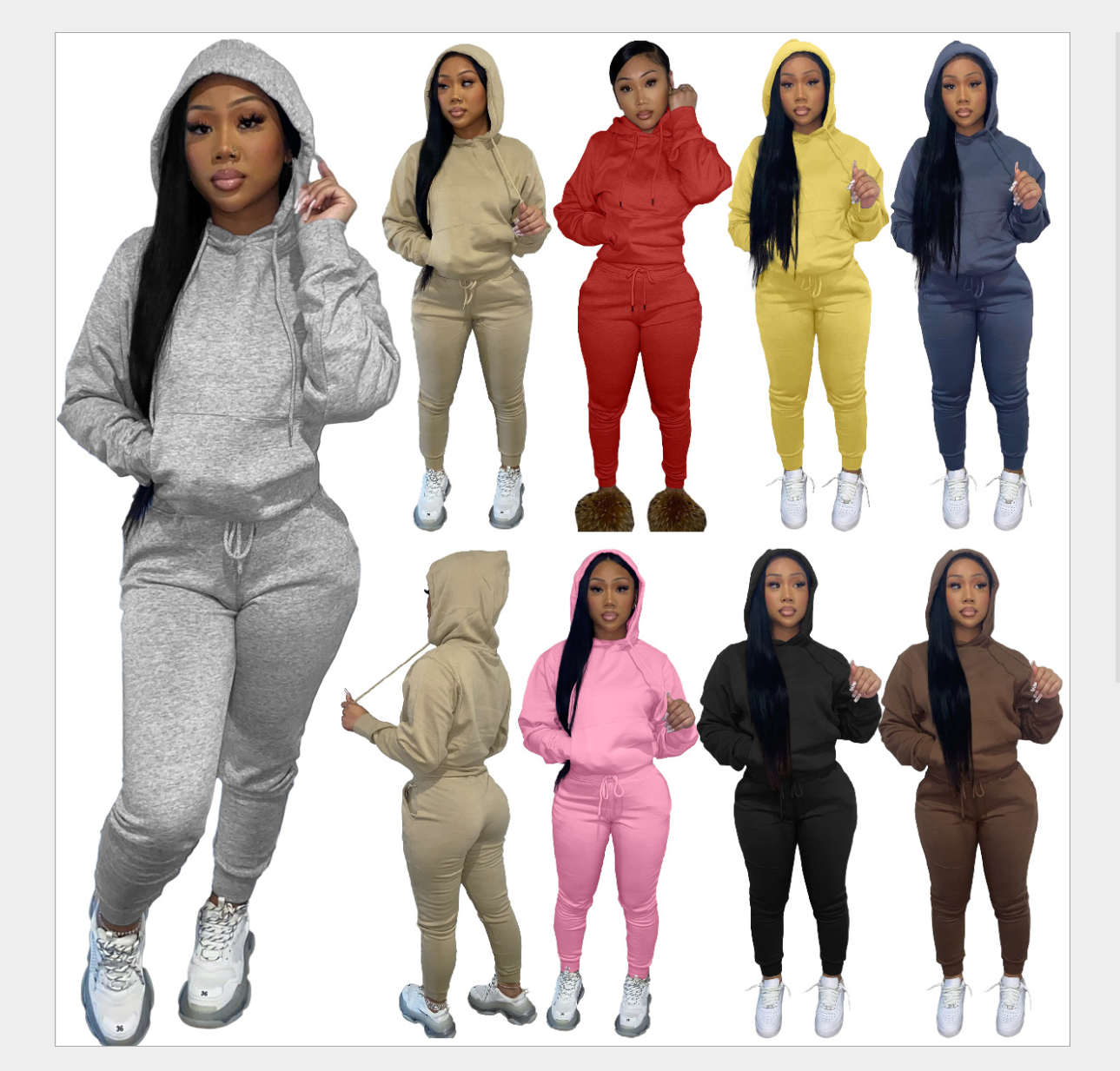 Wholesale women's Hooded Sweater Set sports solid color two piece set