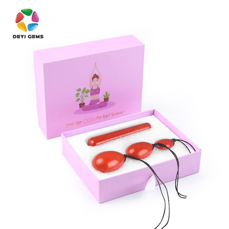Natural Red Jasper Yoni Kegel Egg Massager Wand Set Private Label Custom Red Stone Yoni Eggs Massager Stick Set Supplier