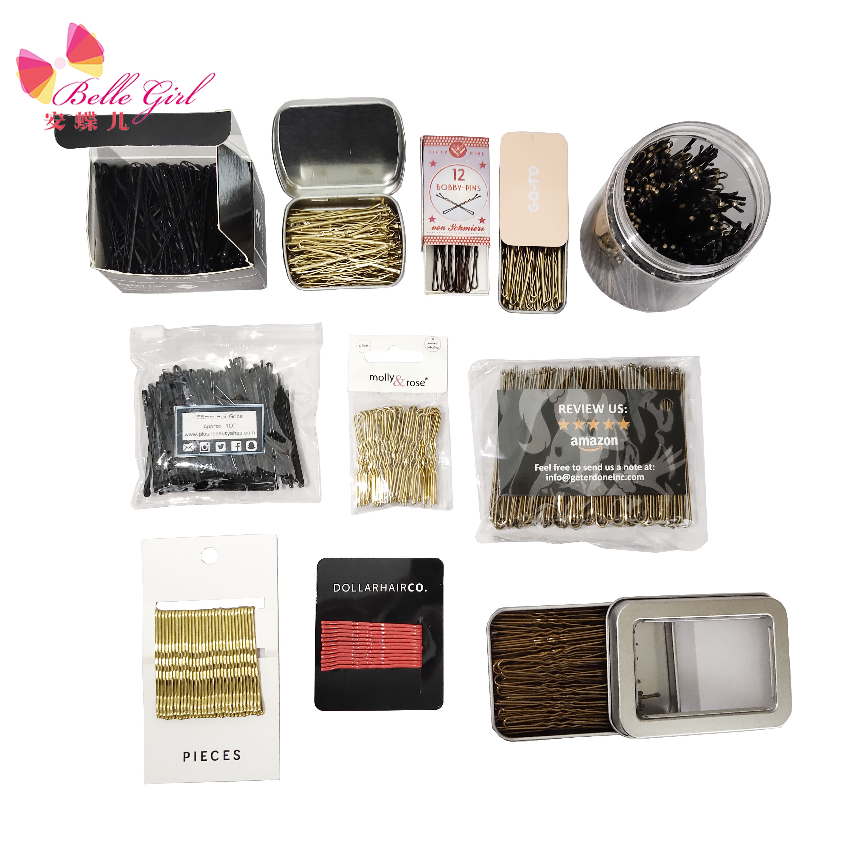 BELLEWORLD custom metal tin paper box hair pins plastic box package cheap hair grips bobby pins