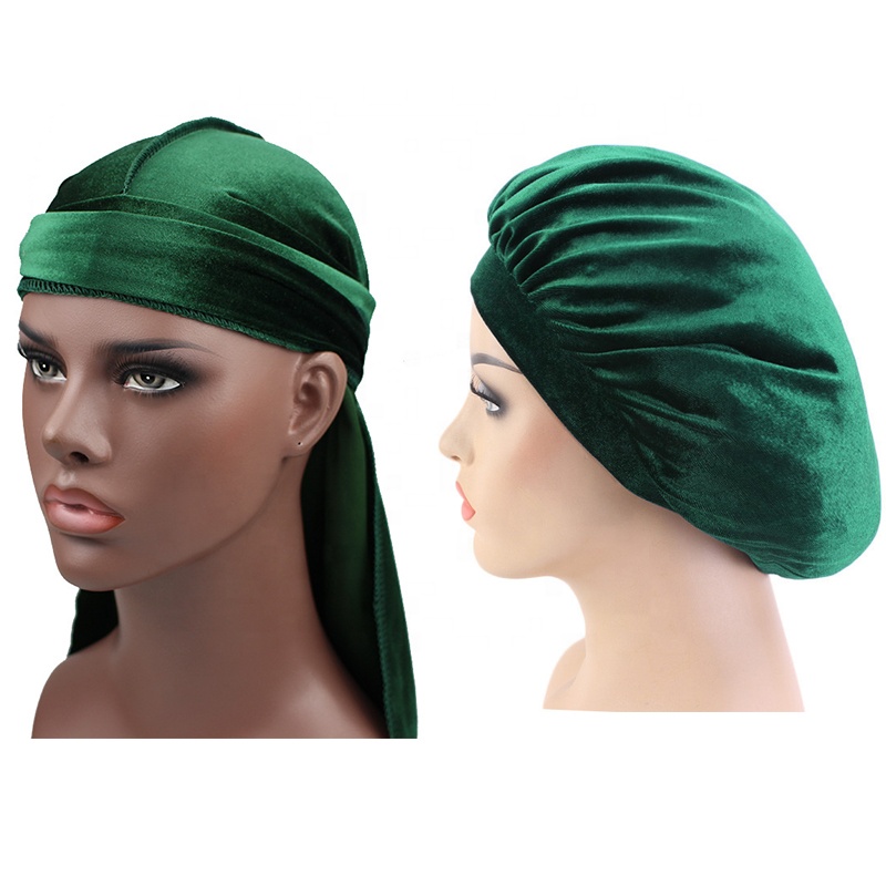 Поставщик, логотип на заказ, оптовая продажа, подходящий Бархатный комплект Durag и капота, наборы для его и ее пары, облегающая шапочка, бархатная шапочка для сна