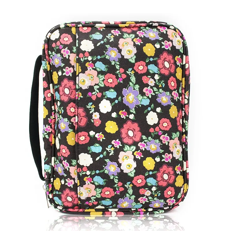 Custom Printed Handle Book Bag Floral Pattern Fabric Canvas Bible Cover With Outer Pocket