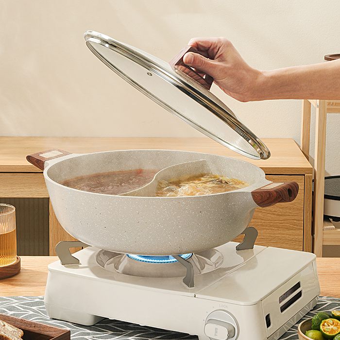 Кастрюля Shabu из литого под давлением алюминия для индукционного приготовления, антипригарная Кастрюля для горячего приготовления, двухсторонняя кастрюля с разделителем