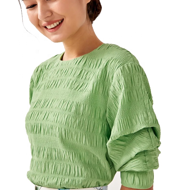 Professional manufacture Fashion Women's Clothing Comfortable, soft and breathable Short solid color Crinkled sleeve Top