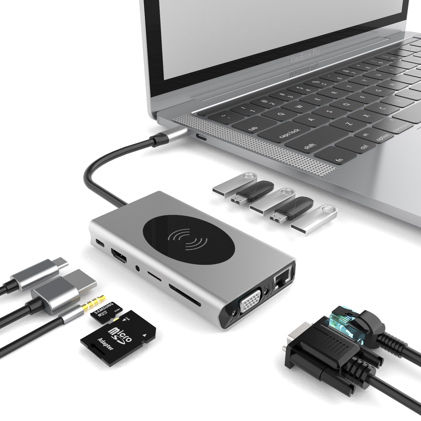 13 in 1 Usb wireless hub chargers 4K HD Combo Multi 13 in 1 Usb 3 0 Port 2XUSB2.0 SD/TF card 10W wireless charging usb Hub