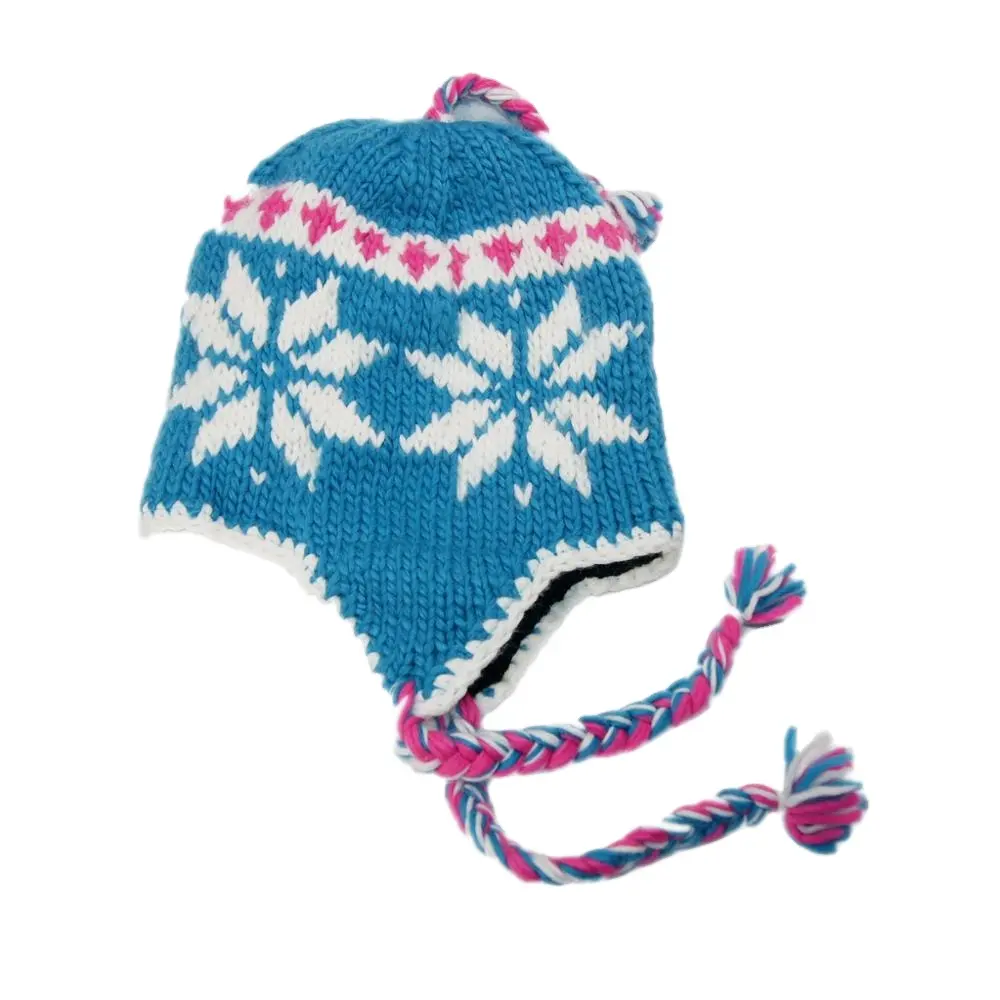 New Design Unisex Winter Jacquard Knitted Beanie With Braid & Earflap Hat For Kid