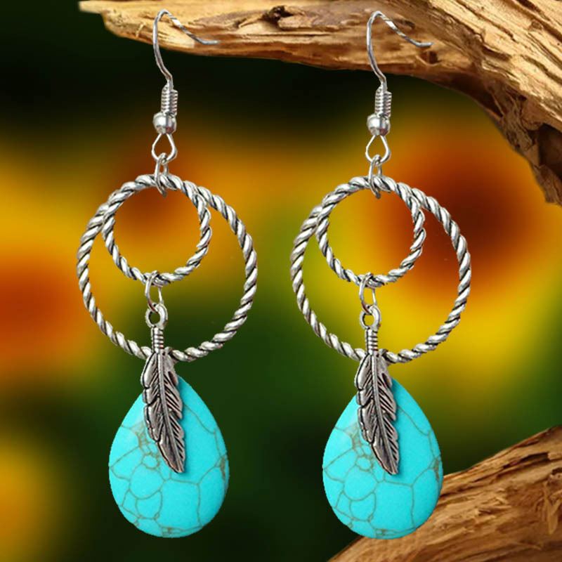 Manufacturer Popular Jewelry Bohemian Ethnic Turquoise Plating Antique Silvers Statement Vintage Hoop Earrings Earrings