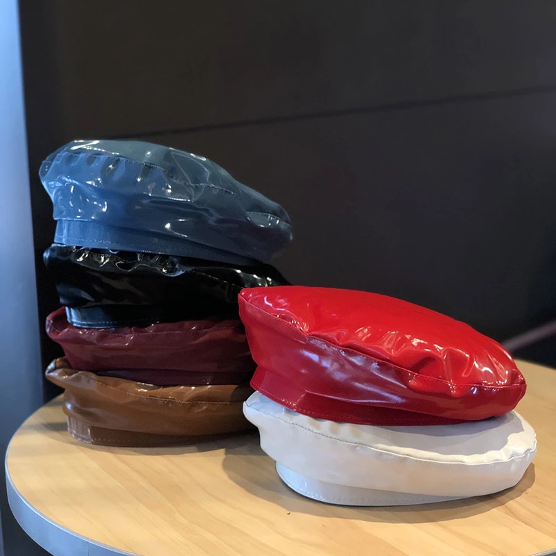 2021 New fashion pu model design plain faux leather beret cap leisure painter leather beret for women