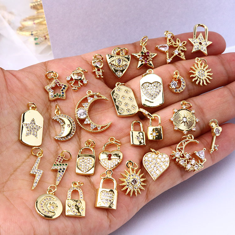 CZ8127 Fashion mini 18k gold plated CZ micro pave diamond Crescent Star Lock charm pendant,thin small cubic zirconia pendant