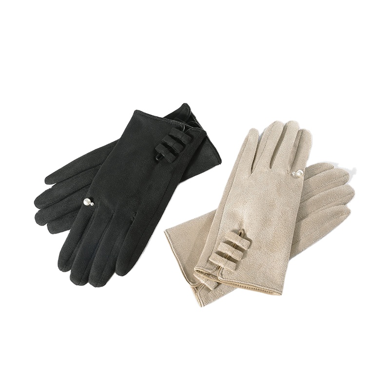 Fashion Pearl Solid Full Finger Suede Gloves Outdoor Touch Screen Mitten Winter Warm Gloves for Women