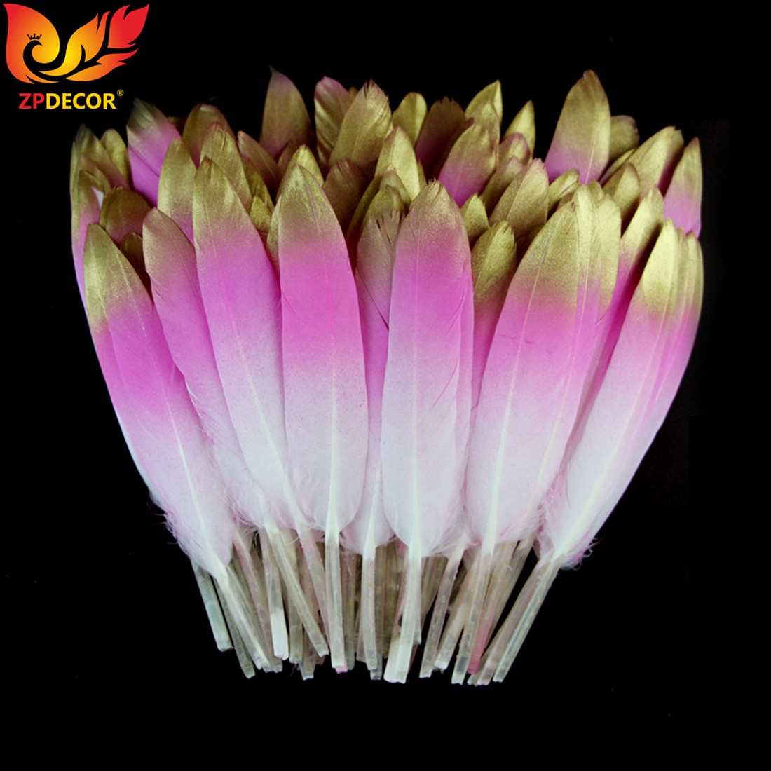 Top Supplier ZPDECOR Factory Wholesale Cheap Dyed Pink Duck Feathers with Metallic Gold Tip for Simple Carnival Costume