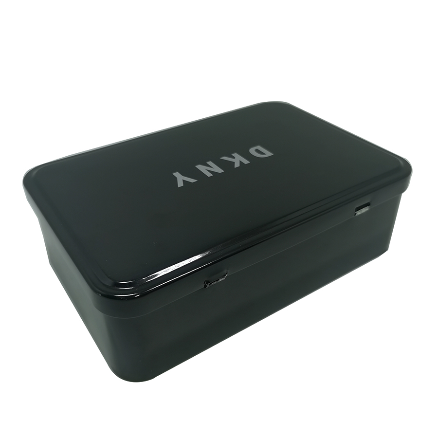 Factory Direct Supply Stock Hinged Top Tin-Plated Black Metal Rectangle Tin Box with Hinged