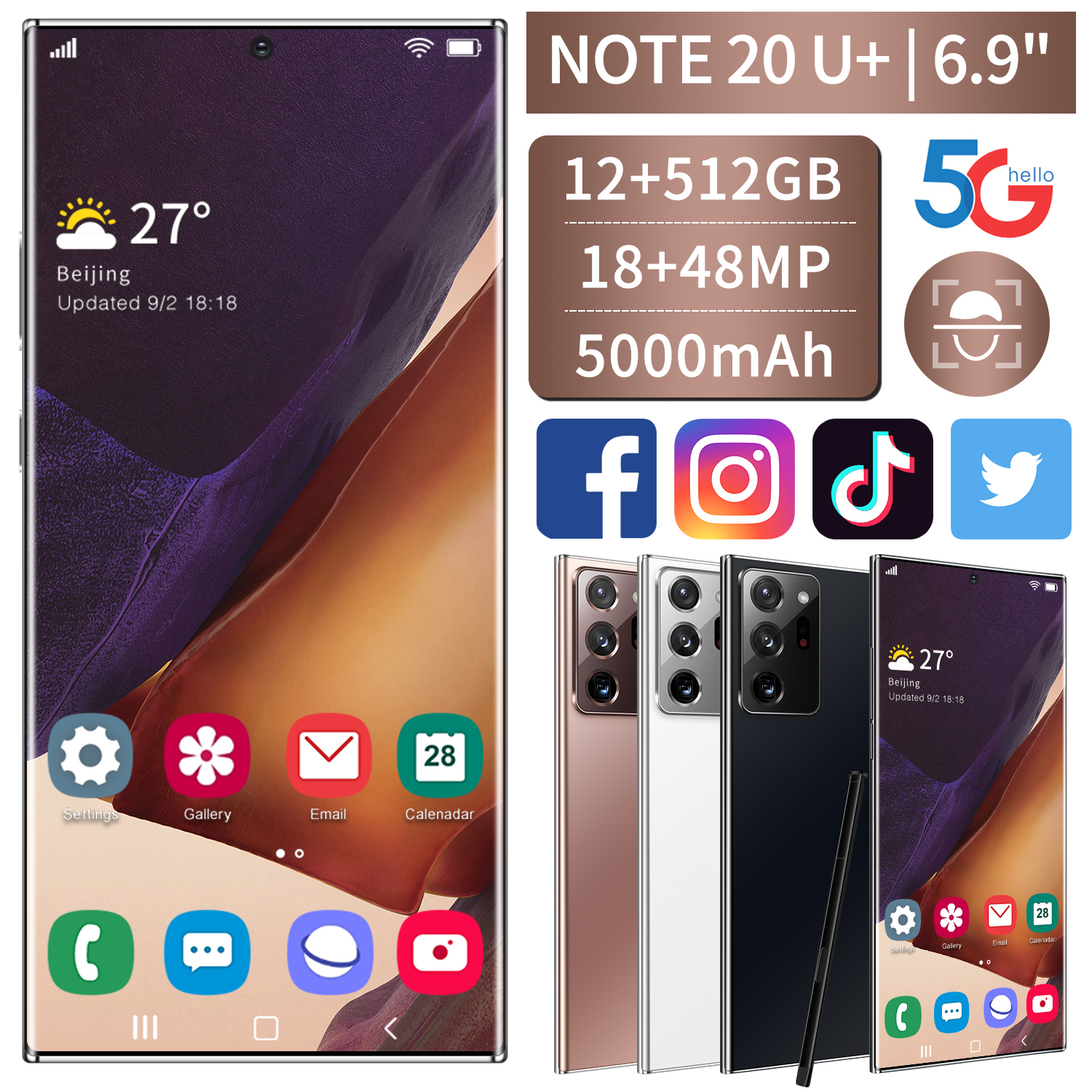 Новинка 5G Note20U + 6,5 полный экран 10, четыре ядра, мобильный телефон, двойная sim-карта, глобальной телефонов celulares смартфон 12G + 512G