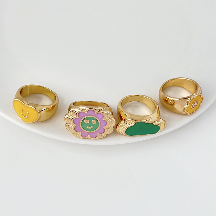 2021 New Design Cute Colorful Round Enamel cloud smile heart Rings Color brass Rings for Women