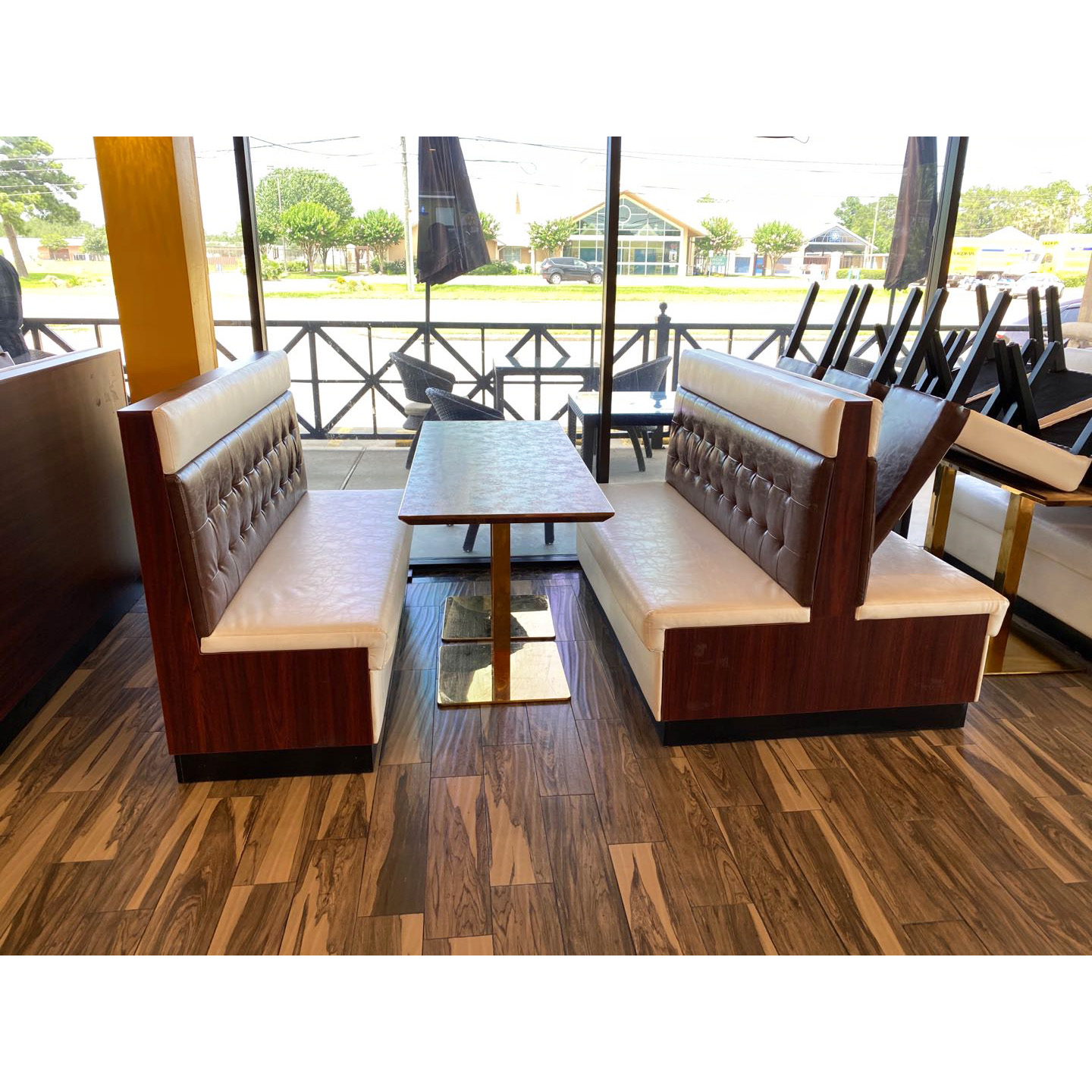 Pattern color fast food restaurant double side seat booth seating sofa and wood table for sale(FOH-CBCK20)