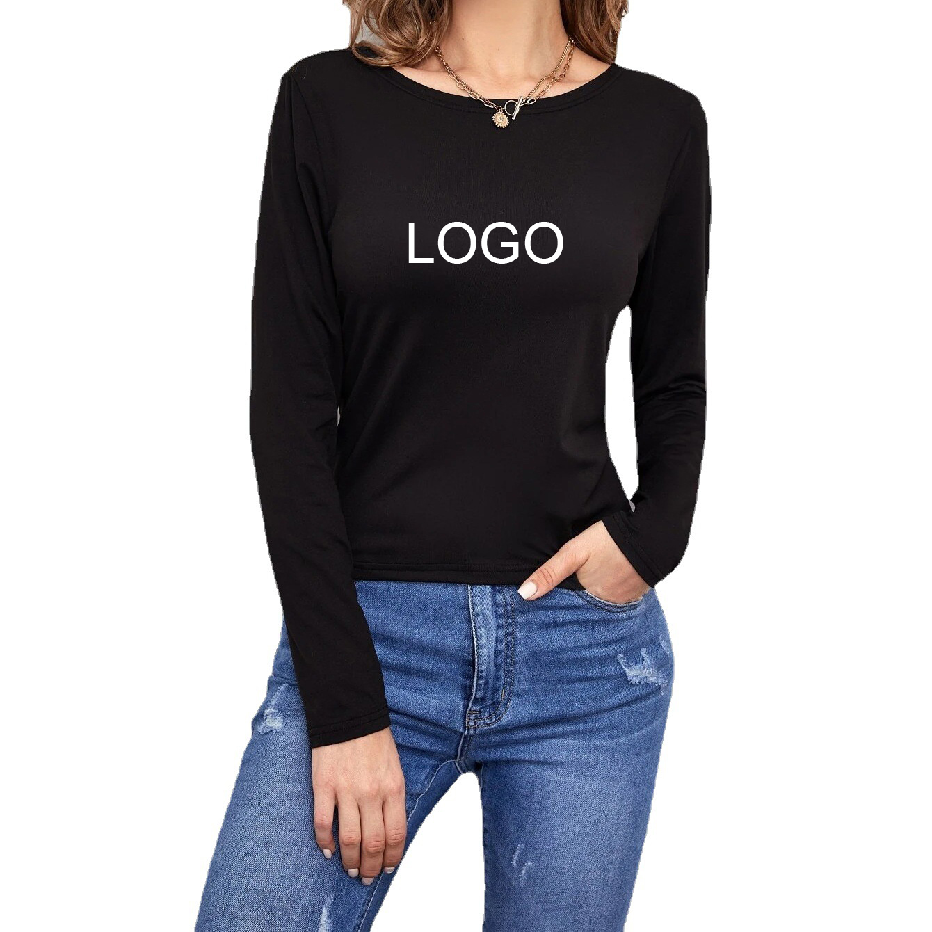 wholesale round neck plain long sheeve shirt women backless sexy loose plus size blouse