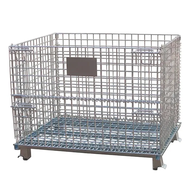 Kingsun folding WIRE MESH STORAGE BASKET stackable zinc rolling metal industrial storage wire frame cage containers pallet