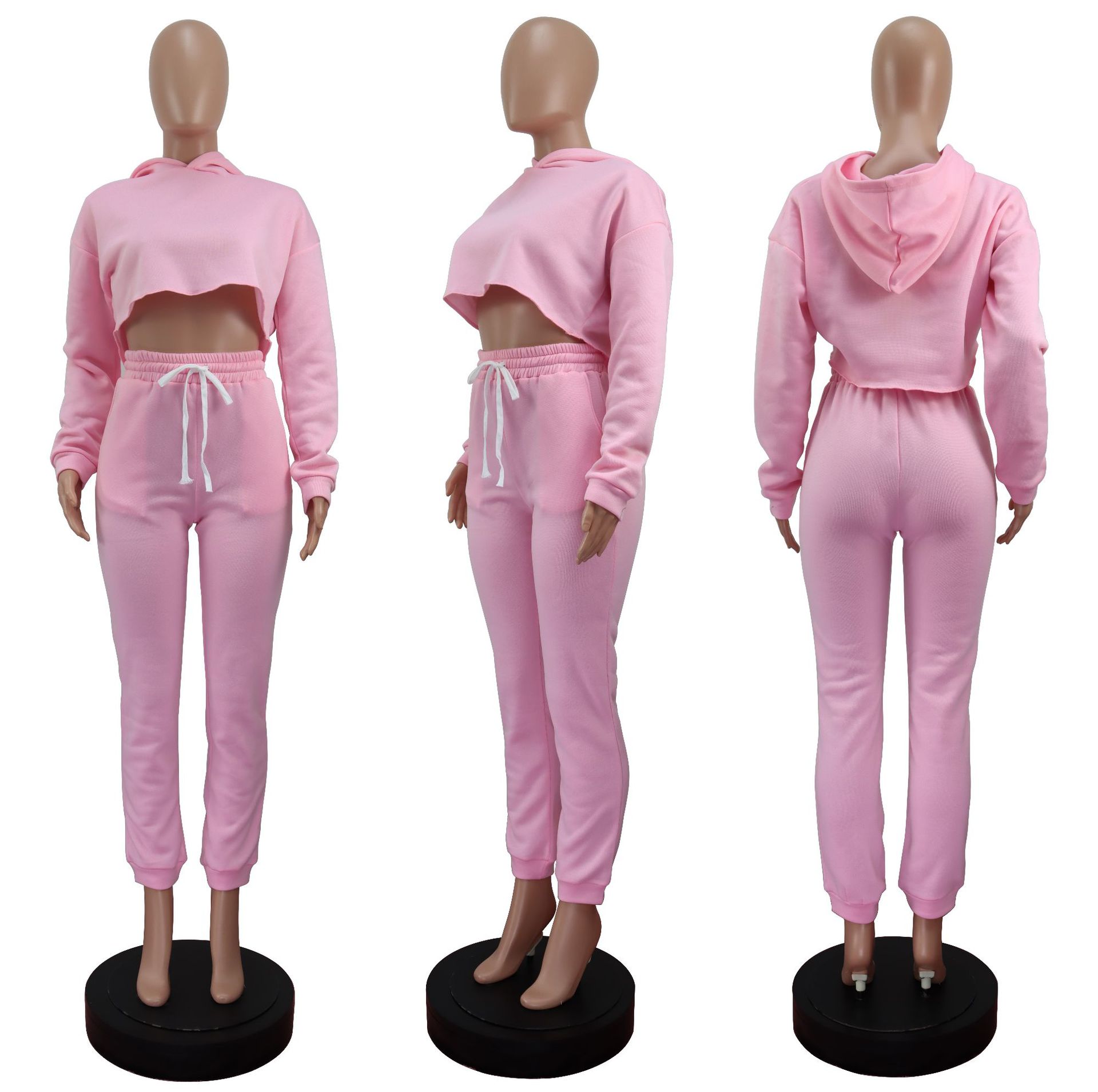 2021 Fall Clothes Women Solid Long Sleeve Custom Two Pieces Crop Top Hoodie Sweatsuit Thicken Warmth 2 Piece S