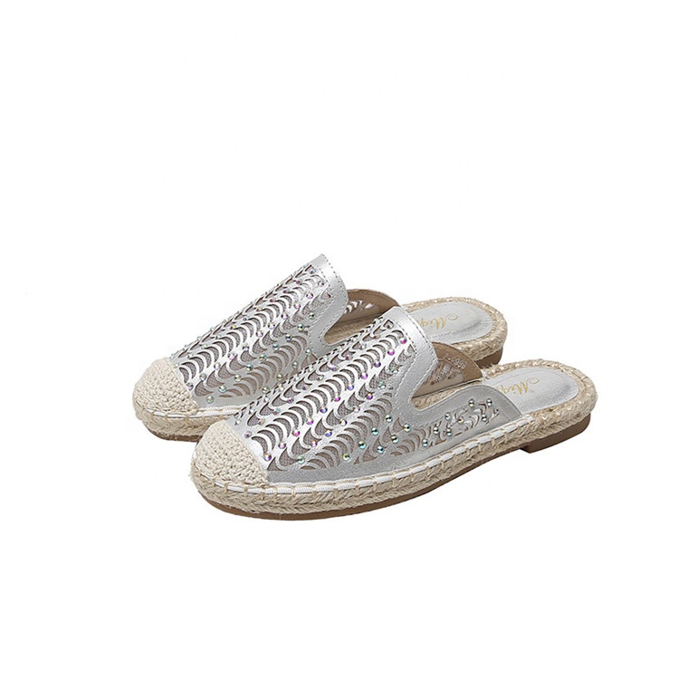 New summer rhinestones espadrilles hollow outdoor fashion all-match round flat casual shoes mules plus-size half slippers 35-43