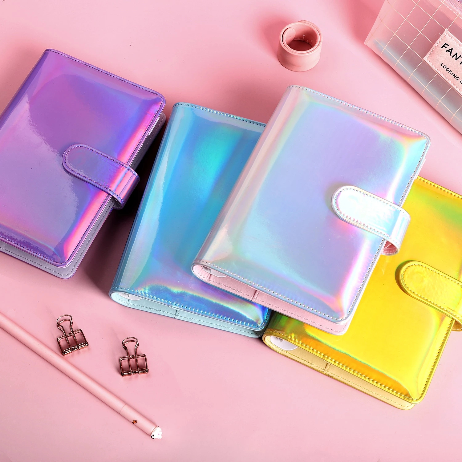 Holographic 6 Ring A6 Binder Budget Rainbow Pu Leather Planner Organizer Travel Journal Binder Cover