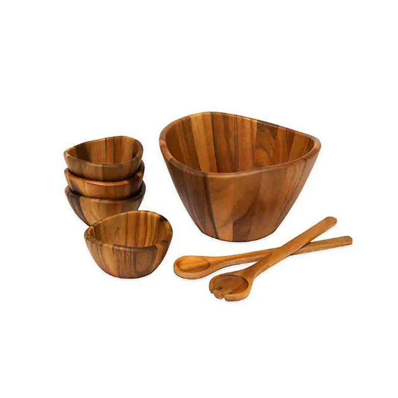 Eco friendly wholesale handmade rustic round natural thick wooden rice soup dough dinner food fruit mixing salad serving bowls