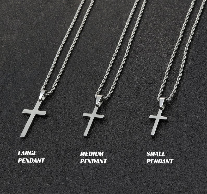 3 sizes hiphop cross jewelry stainless steel plain cross pendant crucifix charm rope chain men silver cross pendant necklace