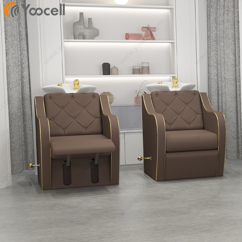 Yoocell new design brown wooden armrest backwash shampoo unit chair shampoo bowl and chair hair salon furniture