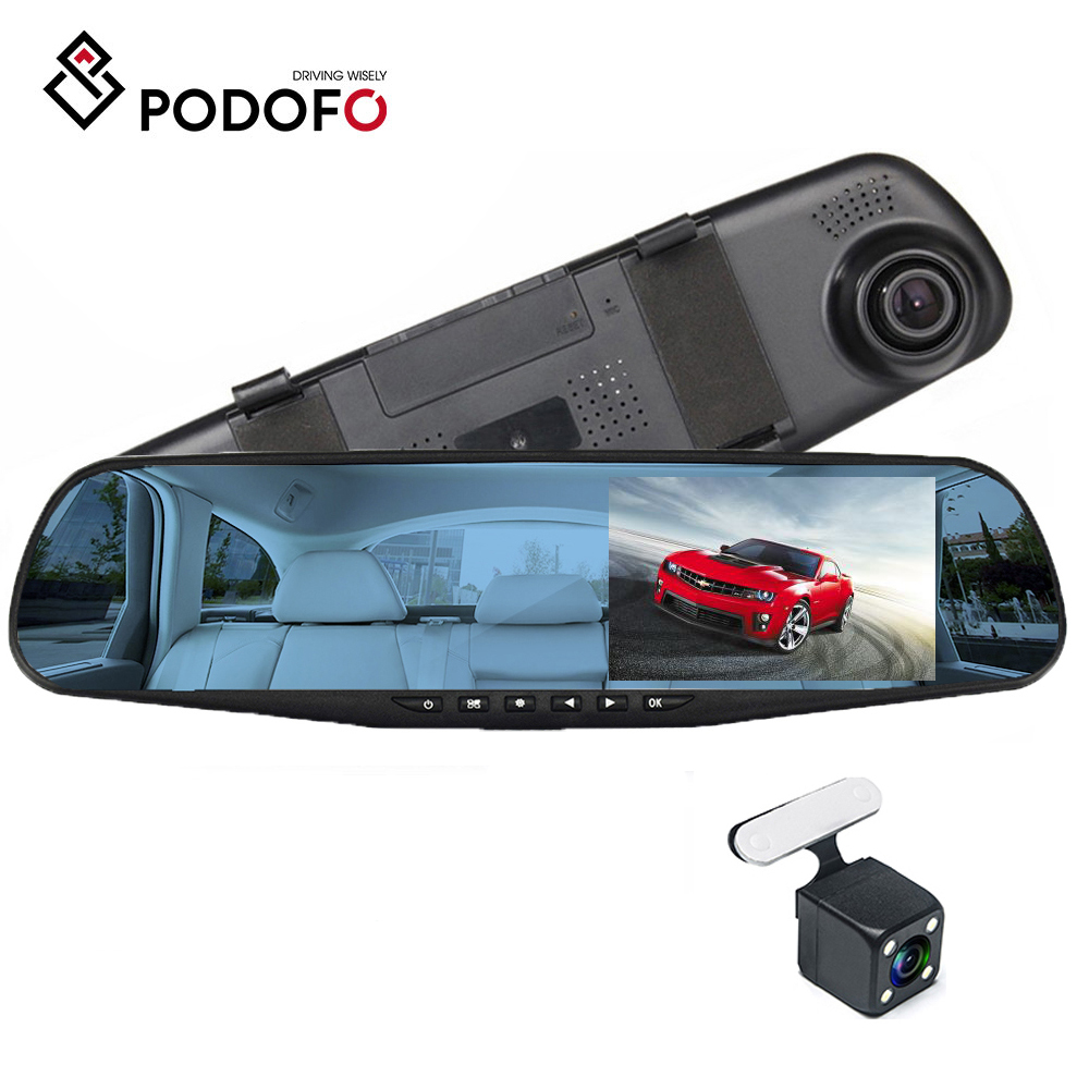 Podofo Factory Wholesale Car Black Box Full HD 1080P Dual Lens Dashcam 4.3" Rear View Mirror Car DVR Camera Night Vision