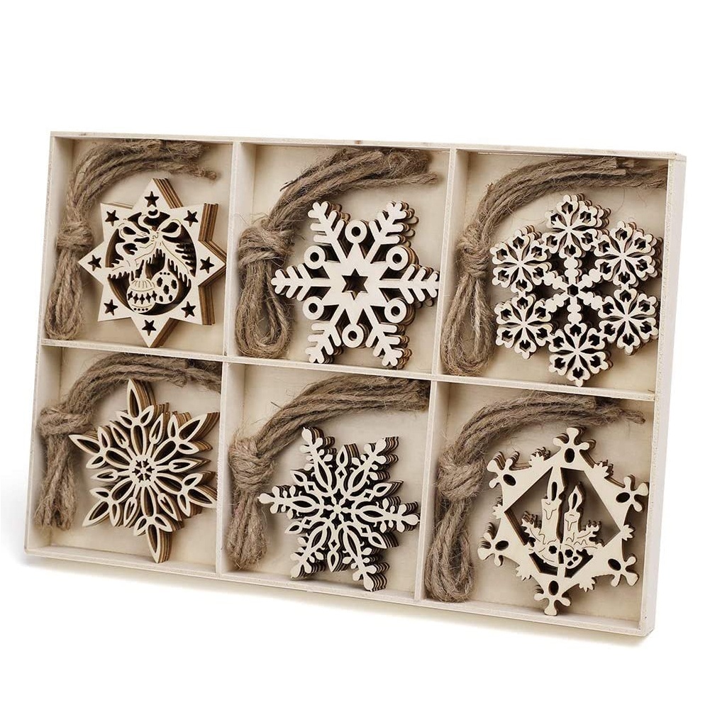 MACTING-Handmade Wood Snowflakes Ornaments для Christmas Tree Decorations, Wood Craft Ornament, Decorative Use, 30Pcs