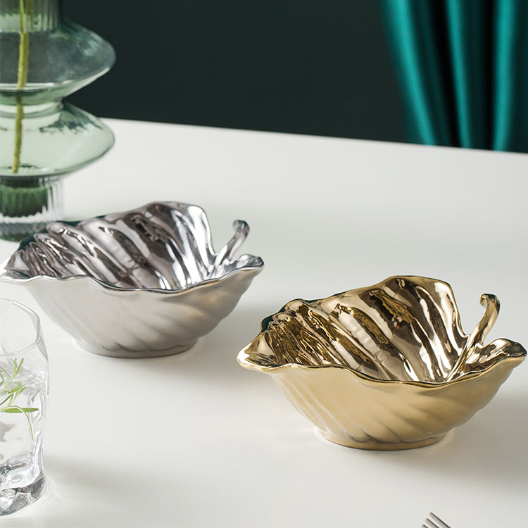 Hot selling gold and silver leaf shape european style cheap bulk restaurant fruit tray nordic ceramic dinner plates