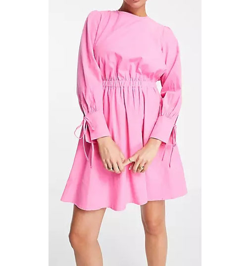 Customize Wholesale Ladies Crew Neck Long Sleeve Organic Cotton Pink Mini Dress with open tie back