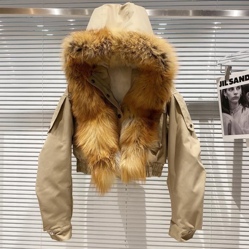 OUDINA Winter Fox Fur Hat Bubble Coat With Hood Short Cropped Jacket Hoodie Womens Fur Coats For Ladies