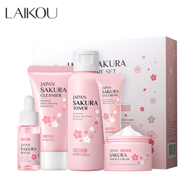 Laikou sakura 5 шт. лучший набор для ухода за кожей продукты для улучшения морщин грубой кожи очищающее средство тонер Сыворотка для глаз крем для лица эссенция крем