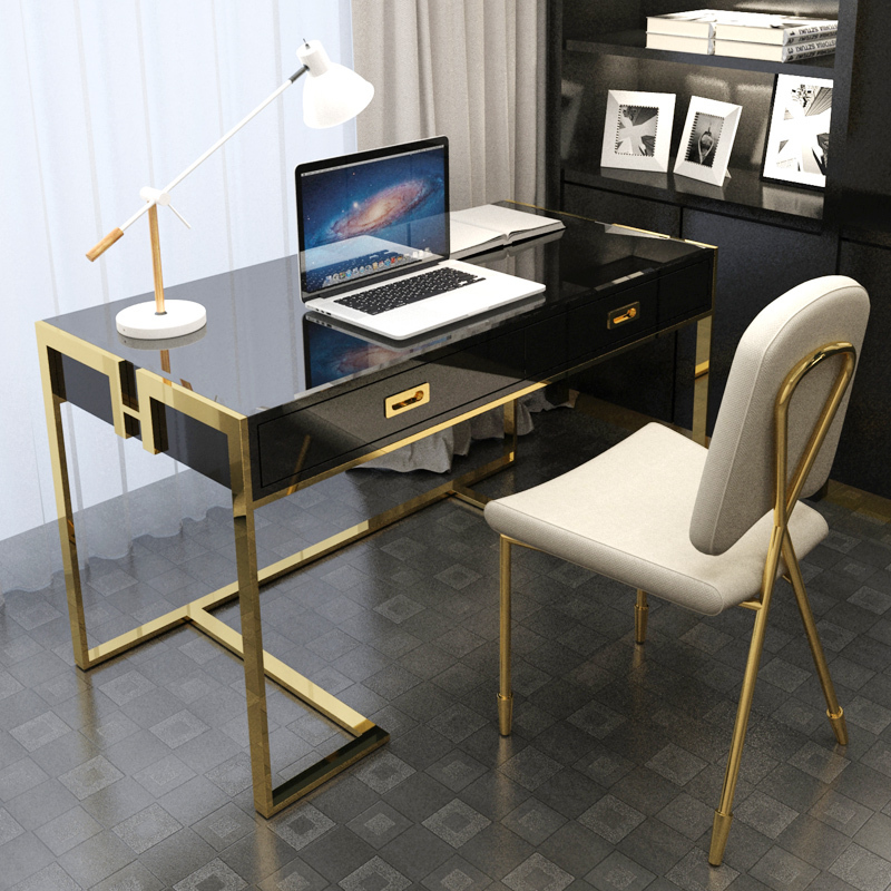 Puruo Modern style home office computer table gold stainless steel frame black MDF office desk